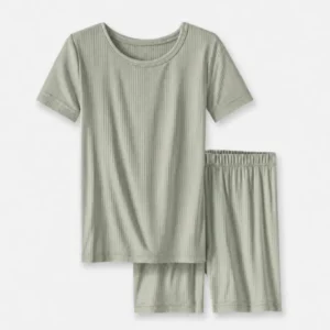 Sweet Sage Ribbed Bamboo Two Piece Short Sleeve Shorts Pajama Set