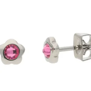 Titan-Ohrstecker in Blütenform mit rosa Zirkonia, runder Fassung