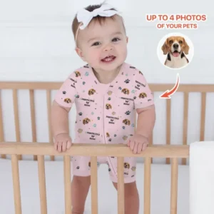Custom Dog Photo Pattern "Protected By" Bamboo Shorty Zippered Romper