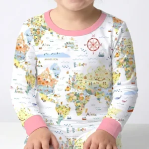 Whimsical World Map Family Matching Bamboo Two Piece Long Sleeve Pajama Set