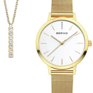 Damenarmbanduhr mit goldfarbenem Gehäuse, weißem Zifferblatt und Milanaisearmband