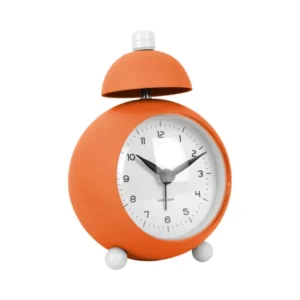 Neonorange Wecker mit rundem Zifferblatt und Weckglocke oben