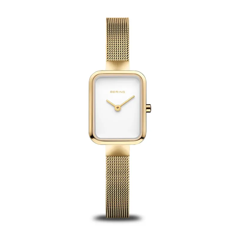 Bering Damenuhr mit goldenem Viereckgehäuse, Milanaise-Armband und weißem Zifferblatt