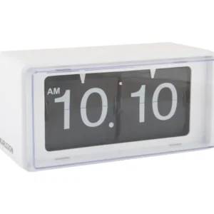 Retro Klappzahlen-Wanduhr mit Anzeige 10:10 (AM) im weißen Gehäuse