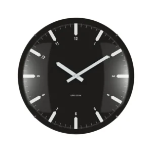 Schwarze Wanduhr mit Kuppelglas, weißen Zeigern und Indexen