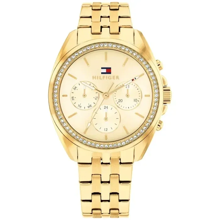 Tommy Hilfiger Damenarmbanduhr in Gold mit Zifferblatt, Subdials und Strass-Lünette