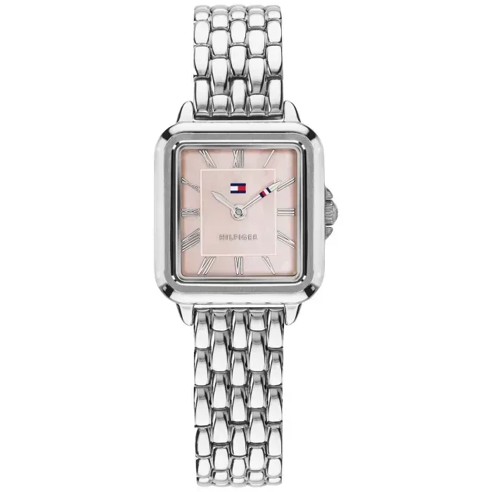 Tommy Hilfiger Damenarmbanduhr mit silberfarbenem Edelstahlband und rosafarbenem rechteckigem Zifferblatt