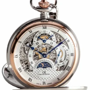 Bicolor Taschenuhr mit skelettiertem Uhrwerk, silbernes Gehäuse, Roséakzente