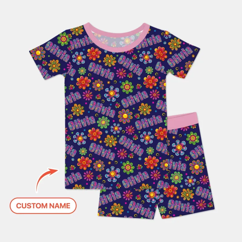 Custom Name Rainbow Hippie Flowers Bamboo Two Piece Short Sleeve Shorts Pajama Set