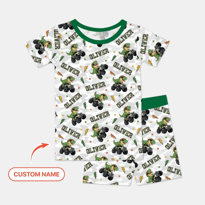 Custom Name Camo Trucker Dino Bamboo Two Piece Short Sleeve Shorts Pajama Set