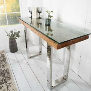 Massive Konsole BARRACUDA 120cm Teak mit Stahl Kufenfüßen inkl. Glasplatte