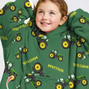 Custom Name Green Tractors Matching Daddy & Me Bamboo Blanket Hoodie