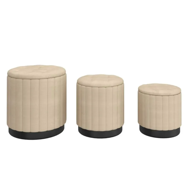 Lexi 3pc Round Storage Ottoman Set Beige and Black