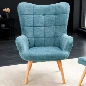 Moderner Sessel SCANDINAVIA blau Strukturstoff Massivholz-Beine mit Armlehnen