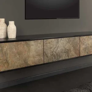 Massivholz TV-Board MOUNTAIN SOUL 160cm Akazie grau grün hängend Naturstein schwarz Metall
