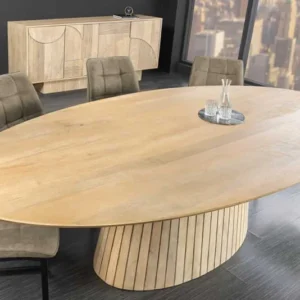 ART DECO Ovaler Esstisch 220cm massives Mangoholz mit Lamellen-Säulenfuß