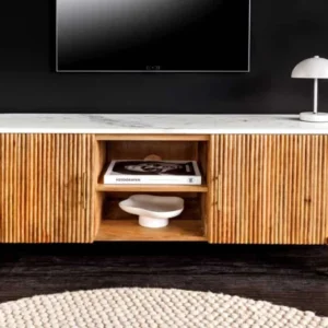 TRES CHIC Massives TV-Board 140cm braun Mangoholz weiß Marmor mit viel Stauraum