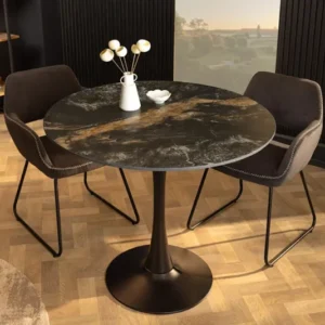 Runder Esstisch LYON 80cm schwarz gold sand Aurora Oro Keramik Bistrotisch Säulenfuß
