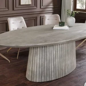 Ovaler Esstisch ART DECO 220cm smoke grau massives Mangoholz mit Säulenfuß
