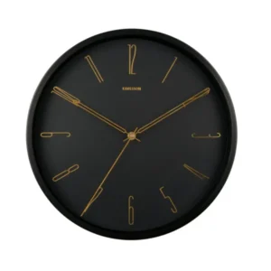 Schwarze runde Wanduhr mit goldenen Zeigern und Ziffern auf dunklem Zifferblatt