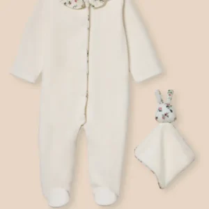 Schlafanzug aus Velours und Liberty-Stoff + Kuscheltier, Baby