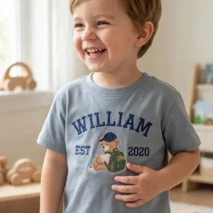 Custom Name Teddy's First Day Embroidered Bamboo Crewneck T-Shirt