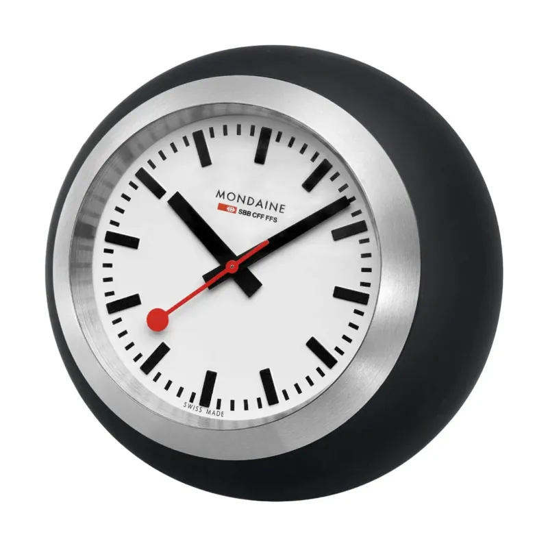 Mondaine Globe Uhr mit schwarzem Gehäuse, silbernem Zifferblatt und roten Zeigern