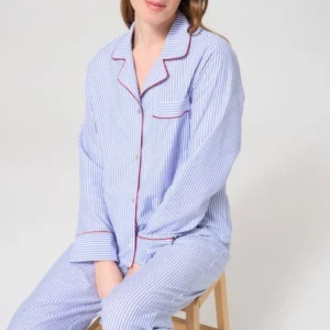 Pyjama boutonné à rayures bleu et blanc femme 1