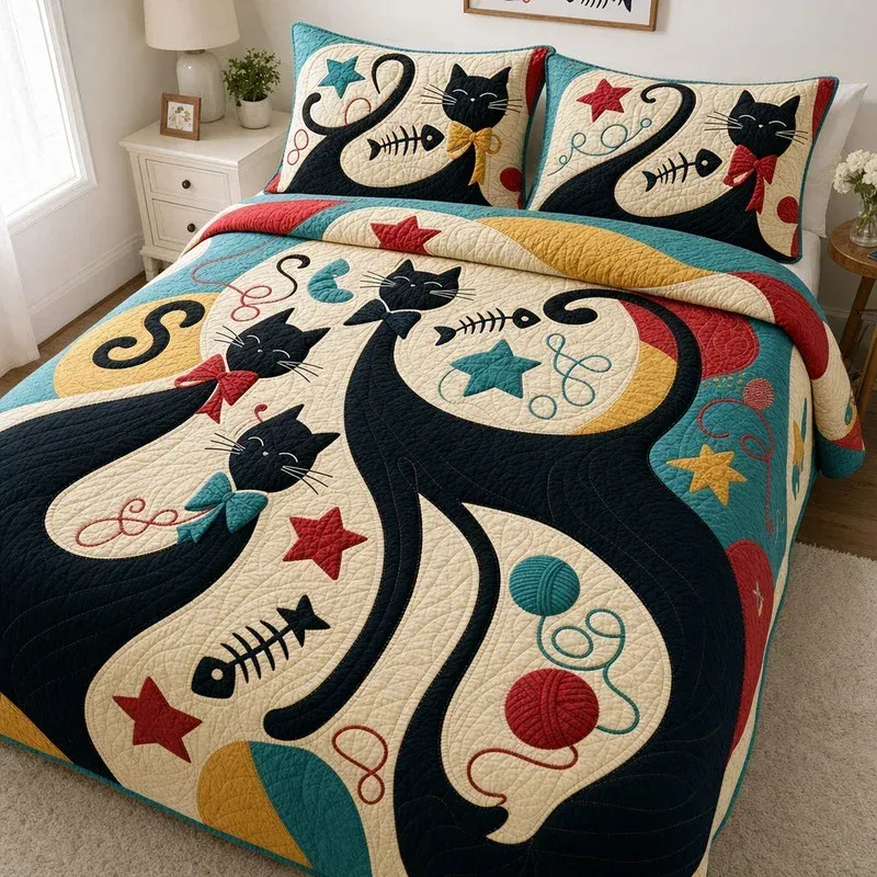 Abstract Meow Bamboo Quilt Bedding Set
