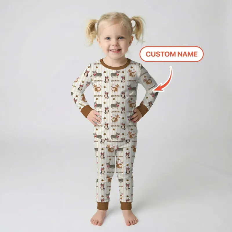 Custom Name Playful Corgis Family Matching Bamboo Two Piece Long Sleeve Pajama Set