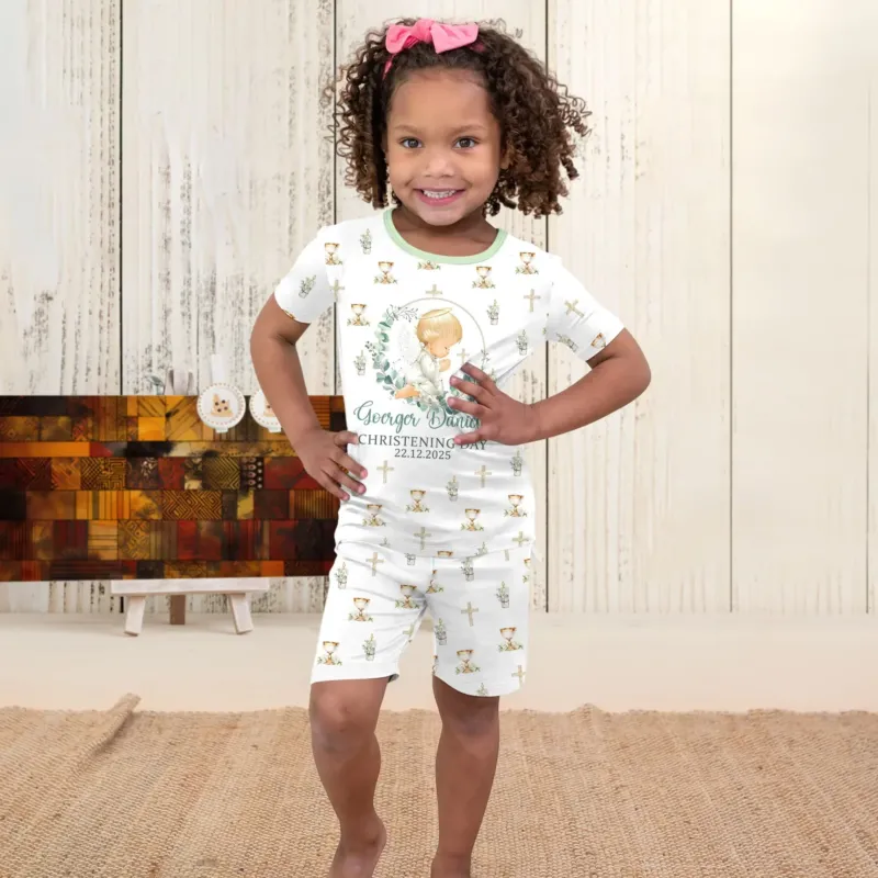 First Christening Day Custom Name Bamboo Two Piece Short Sleeve Shorts Pajama Set