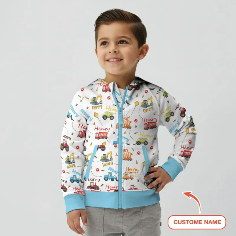 Construction Vehicles Custom Name Bamboo Zip Hoodie