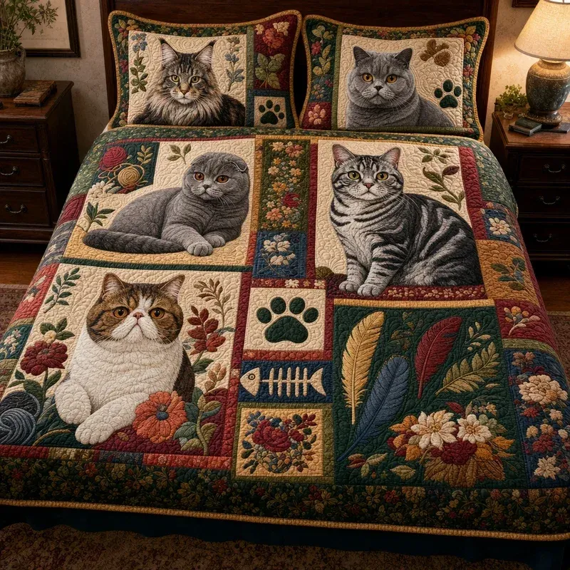 Autumn Hearth Cat Bamboo Quilt Bedding Set