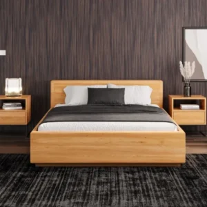 Designer Holzbett Calveno aus massiver Eiche mit Stauraum und geraden Headboard