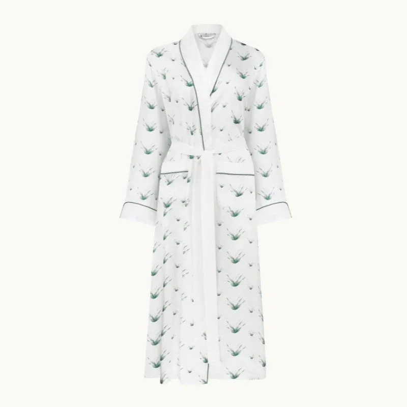 Gingerlily London white silk dressing gown with green lily of the valley print and contrast trim.