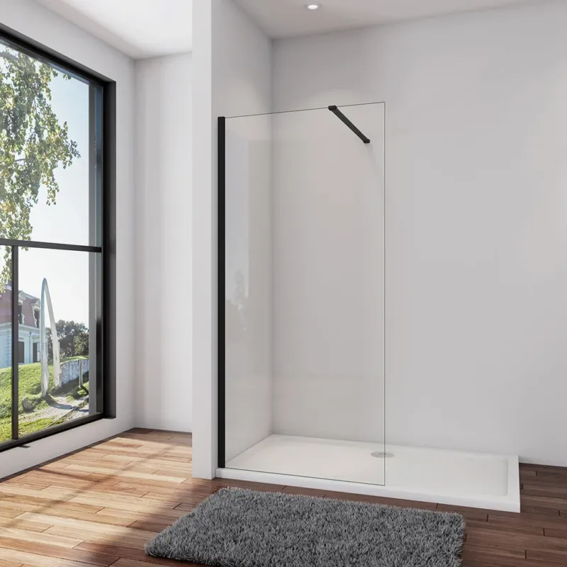 Duschwand Duschabtrennung 80 x H.200 cm 8mm NANO Glas Stabistange 140 cm Schwarz Duschhaus