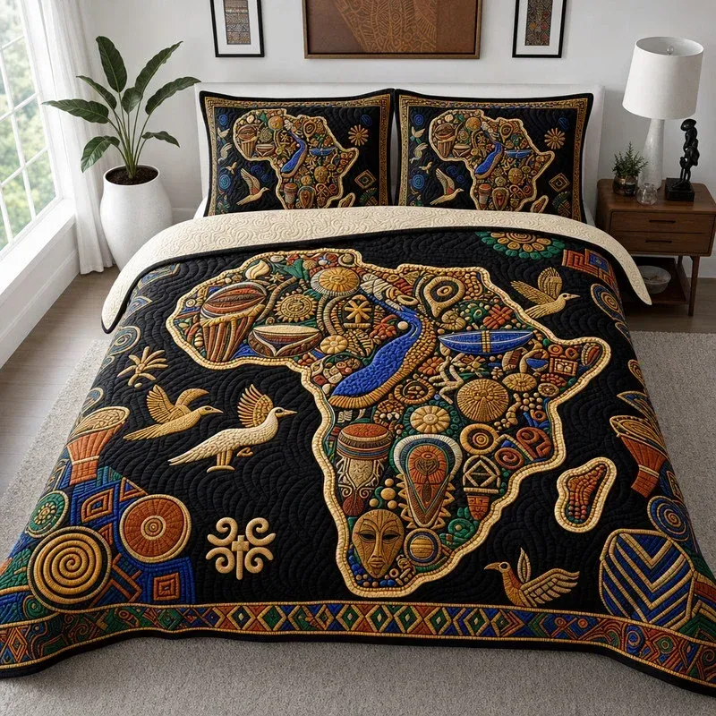 Ethno Africa Map Bamboo Quilt Bedding Set