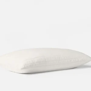 Coyuchi Washable Wool Filled pillow protector in white, shown plump on light background.