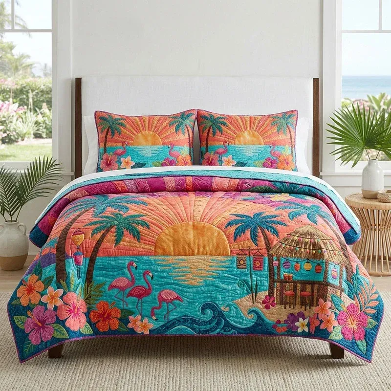 Flamingo Lagoon Tropical Bamboo Quilt Bedding Set