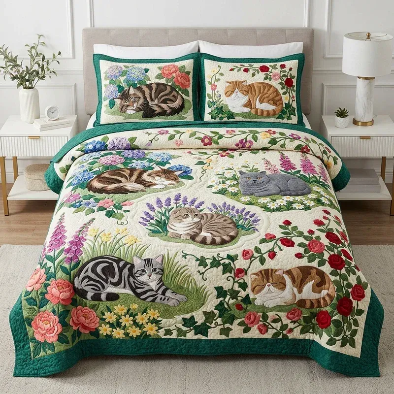 Flora With Cat Bamboo Quilt Bedding Set