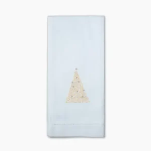 Henry Handwork white linen hand towel with champagne embroidered swirl Christmas tree.