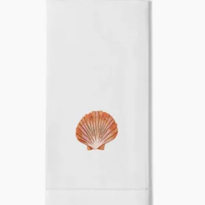 Henry Handwork white linen hand towel with embroidered blush and amber scallop shell motif.