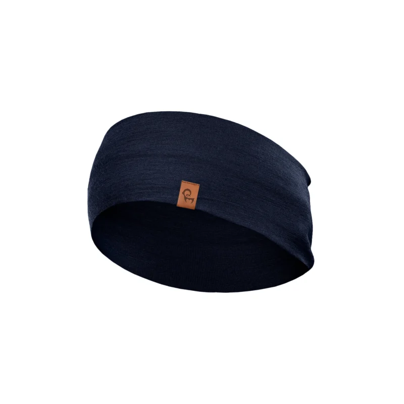 A dark navy blue, finely knitted headband displayed in a three-dimensional, rounded shape against a pure white background. A small, square brown leather logo patch is centered near the bottom front edge.