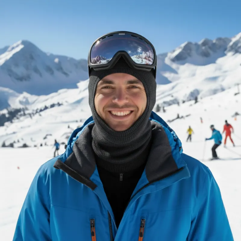 Smiling man on ski slopes wearing a dark gray Merino wool liner balaclava under a blue ski jacket and goggles.