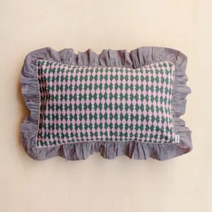 Pair of Cotton Pillowcases in Pink Harlequin by TBCo featuring pink and green harlequin design with ruffled striped trim.