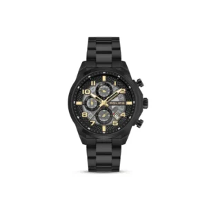 Herrenuhr Chronograph-Design: schwarze Metallarmband, gelbe Indizes und Ziffern.