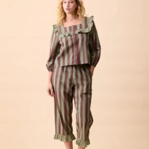 Cropped Cotton Pyjamas in Sage & Brown Stripe Ruffle