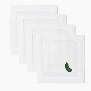 Henry Handwork white linen cocktail napkins with embroidered green pickle ornament, set of 4.