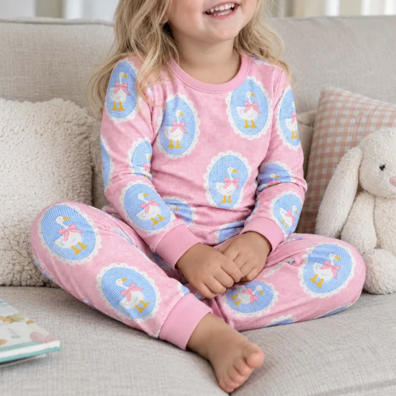 Pink Gingham Duck Cameo Bamboo Two Piece Long Sleeve Pajama Set