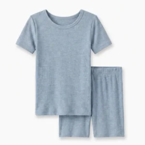 Misty Blue Ribbed Bamboo Two Piece Short Sleeve Shorts Pajama Set